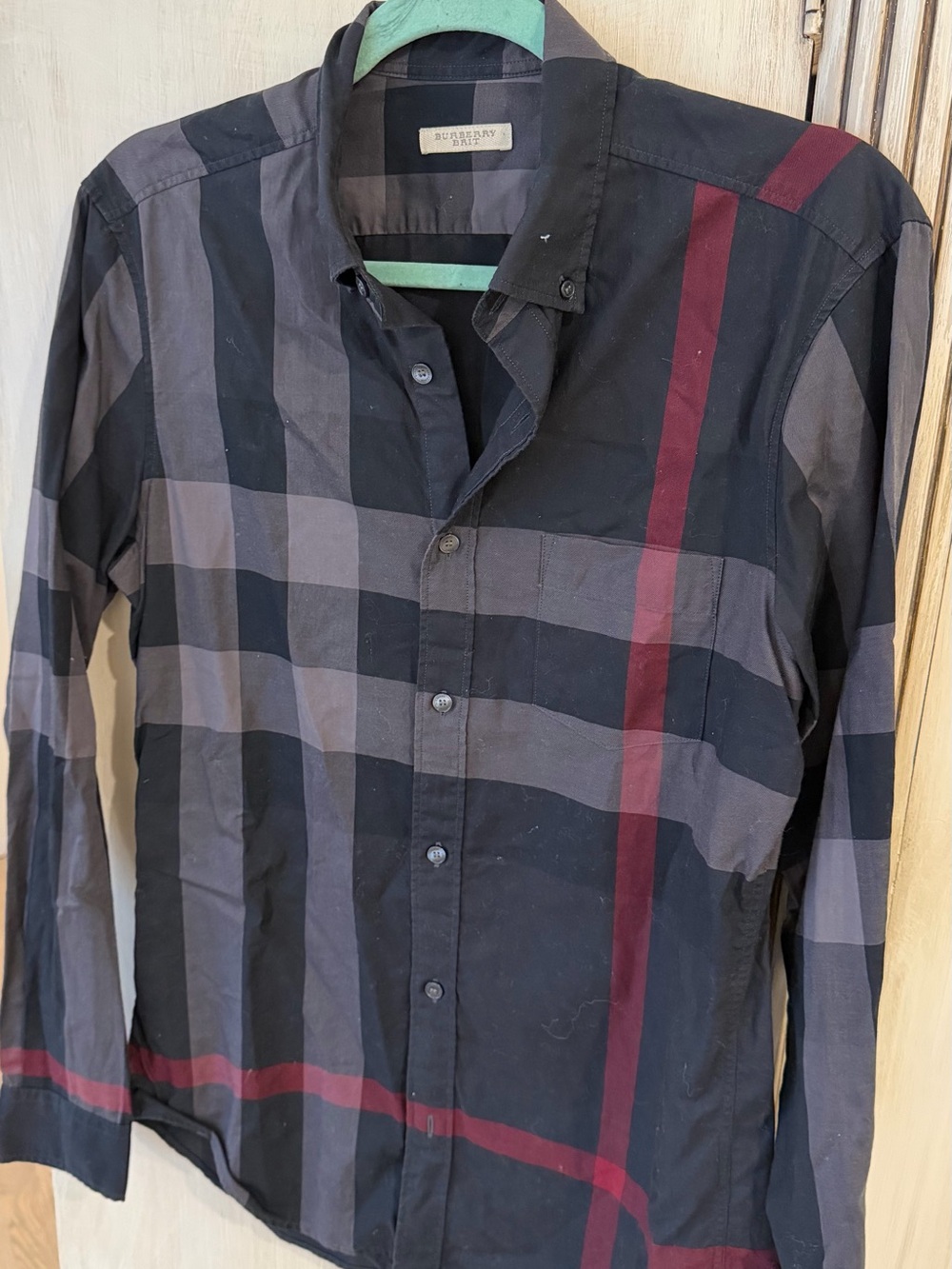 Burberry Black Gray Plaid Button-Down Shirt with Red Stripe